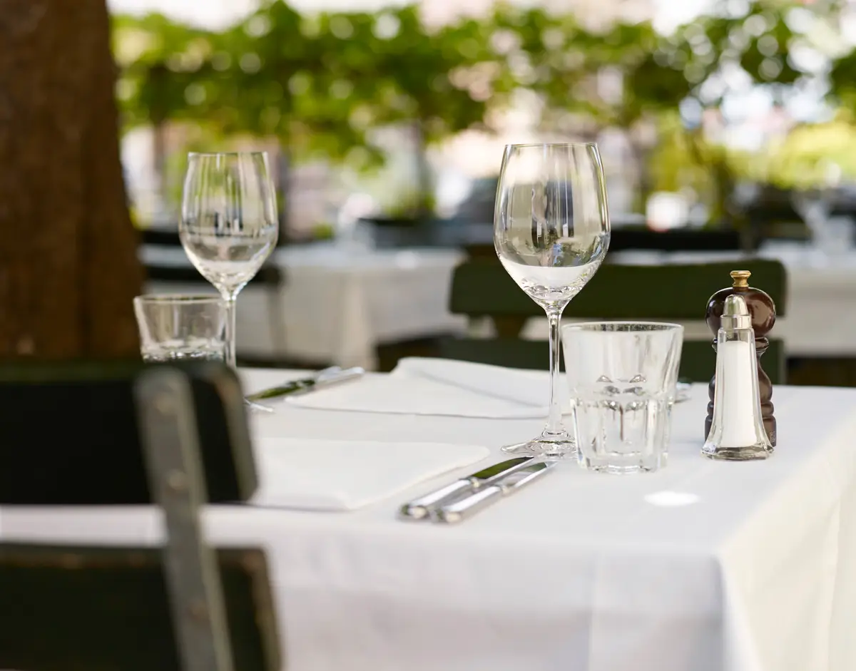 Gartenterrasse der Brasserie Obstberg im Sommer